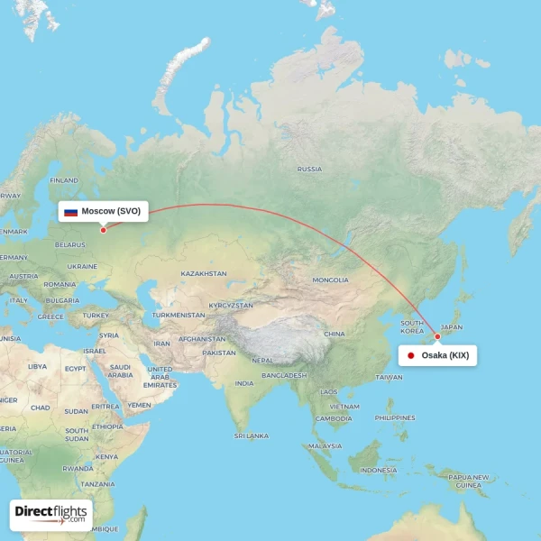 Osaka - Moscow direct flight map