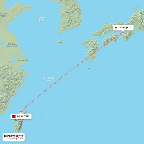 Osaka - Taipei direct flight map