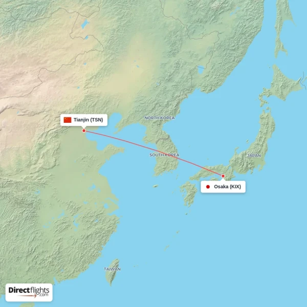 Osaka - Tianjin direct flight map