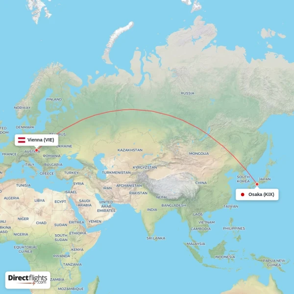 Osaka - Vienna direct flight map