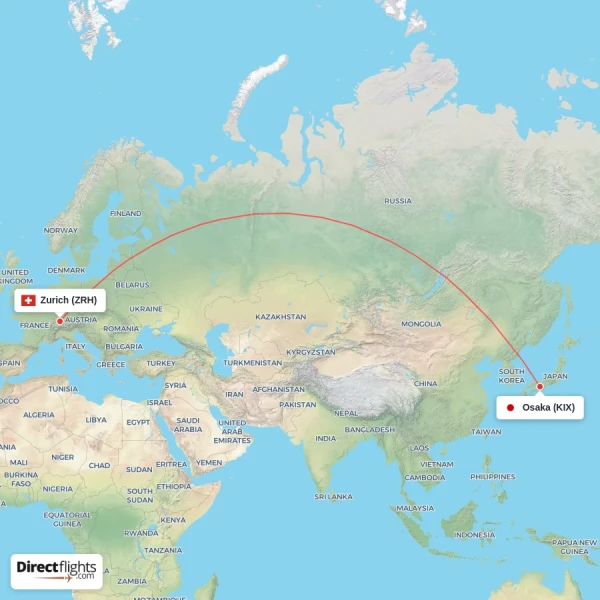 Osaka - Zurich direct flight map