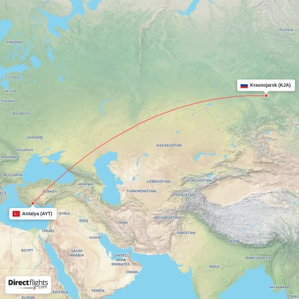 Krasnojarsk - Antalya direct flight map