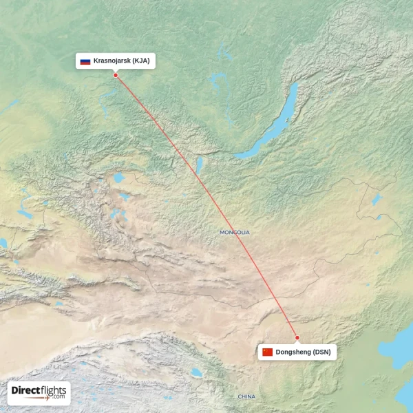 Krasnojarsk - Dongsheng direct flight map