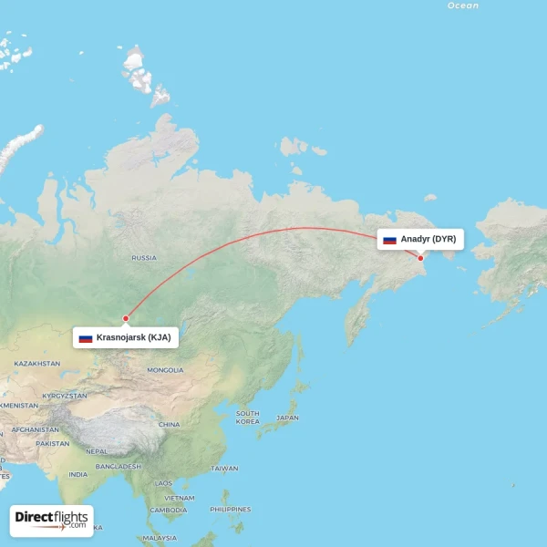 Krasnojarsk - Anadyr direct flight map