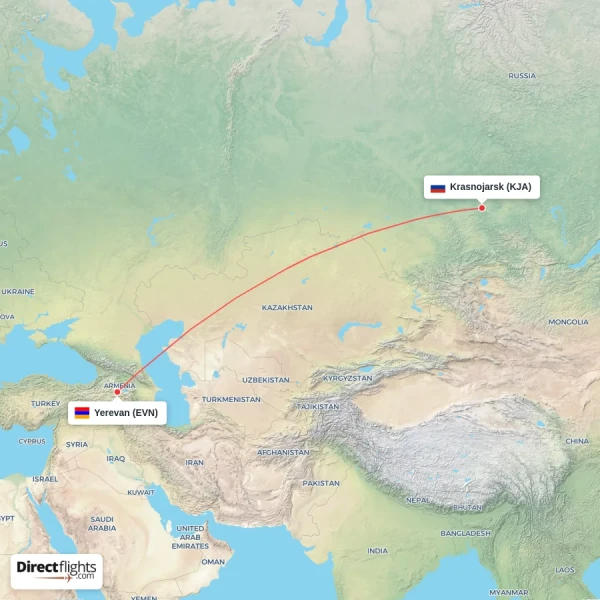 Krasnojarsk - Yerevan direct flight map