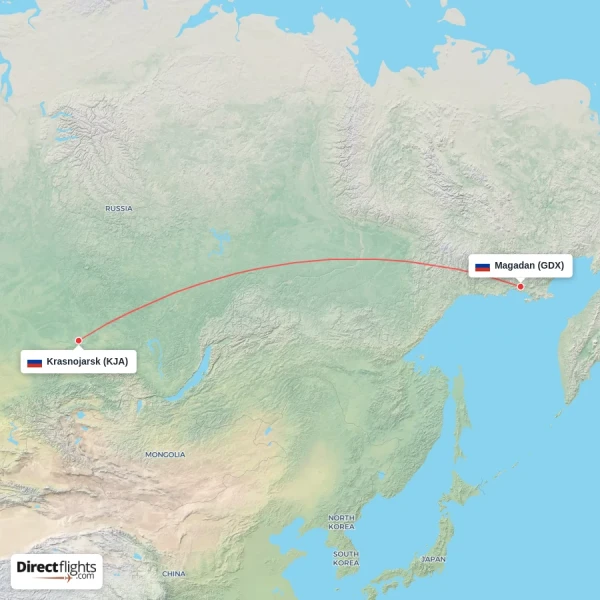 Krasnojarsk - Magadan direct flight map