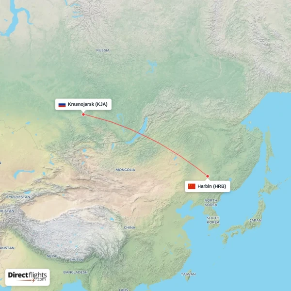Krasnojarsk - Harbin direct flight map