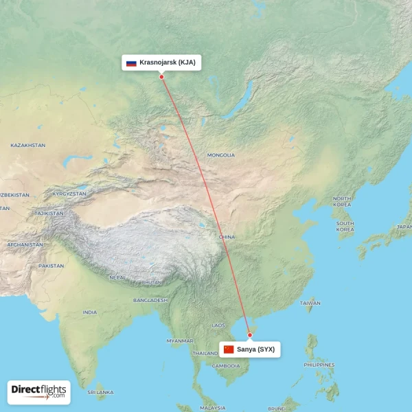 Krasnojarsk - Sanya direct flight map