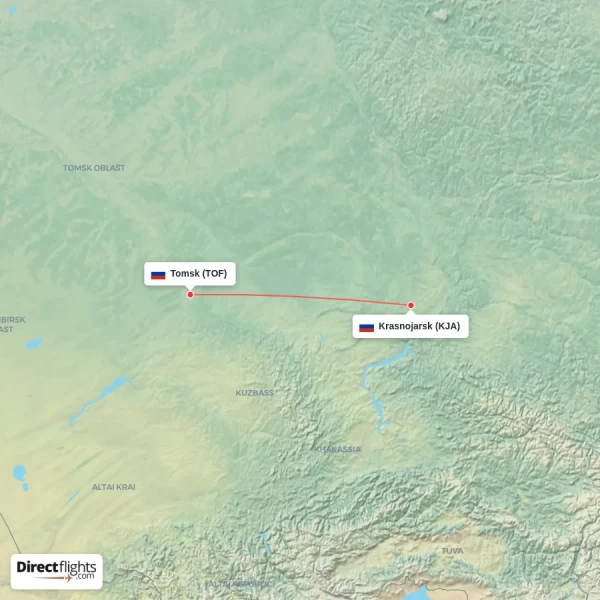 Krasnojarsk - Tomsk direct flight map