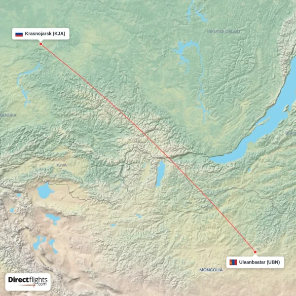 Krasnojarsk - Ulaanbaatar direct flight map