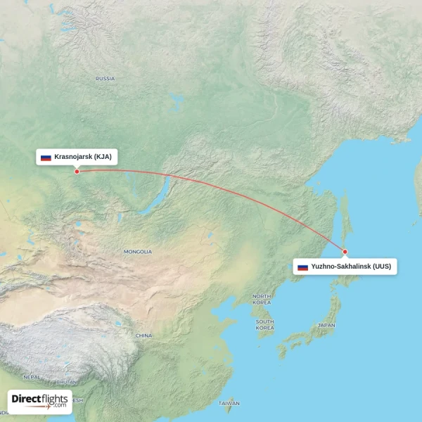 Krasnojarsk - Yuzhno-Sakhalinsk direct flight map