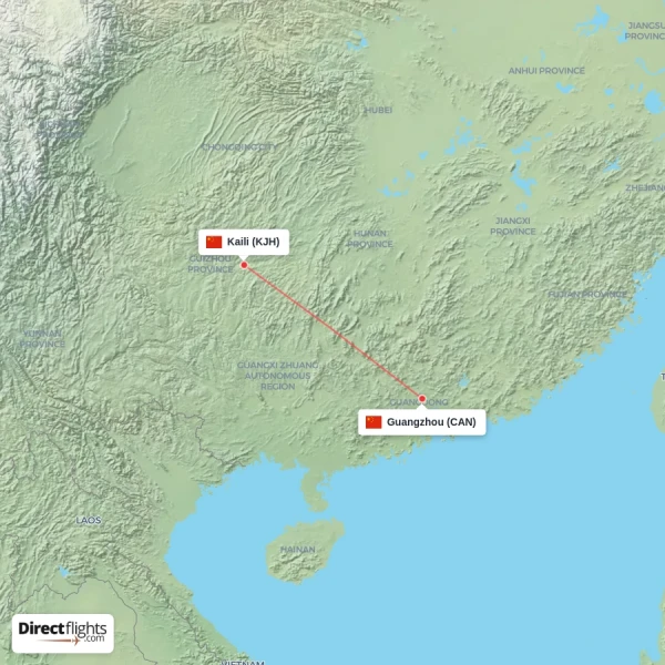 Kaili - Guangzhou direct flight map