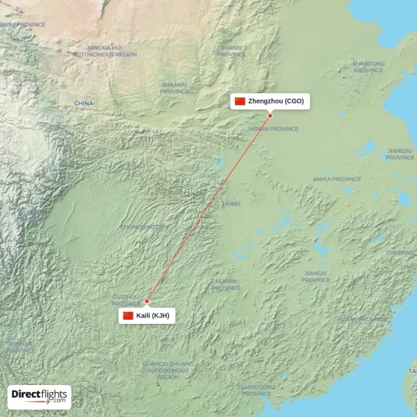 Kaili - Zhengzhou direct flight map