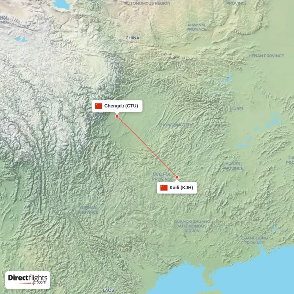 Kaili - Chengdu direct flight map