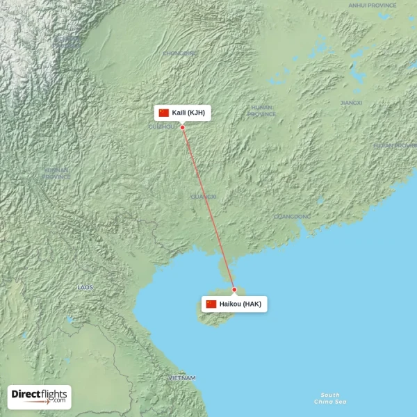 Kaili - Haikou direct flight map