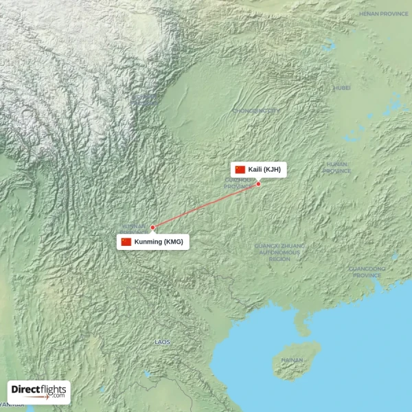 Kaili - Kunming direct flight map