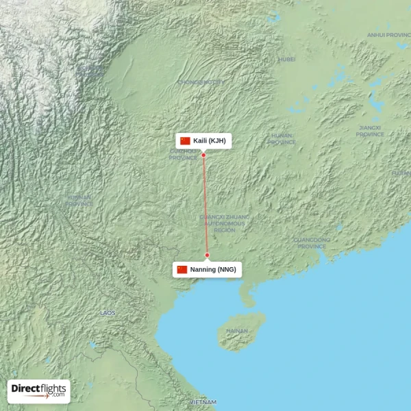 Kaili - Nanning direct flight map