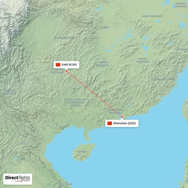 Kaili - Shenzhen direct flight map
