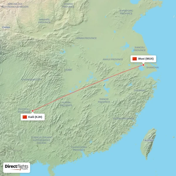 Kaili - Wuxi direct flight map