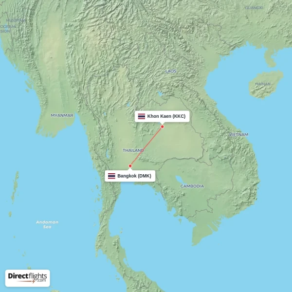 Khon Kaen - Bangkok direct flight map