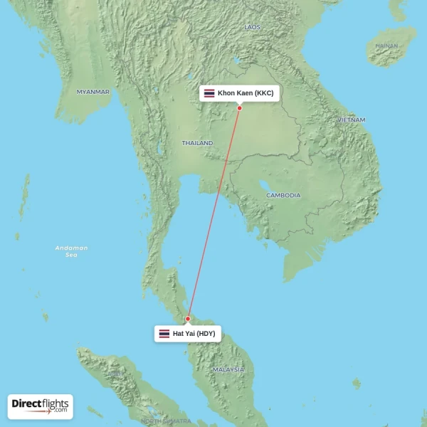 Khon Kaen - Hat Yai direct flight map