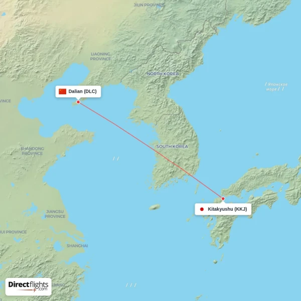 Kitakyushu - Dalian direct flight map