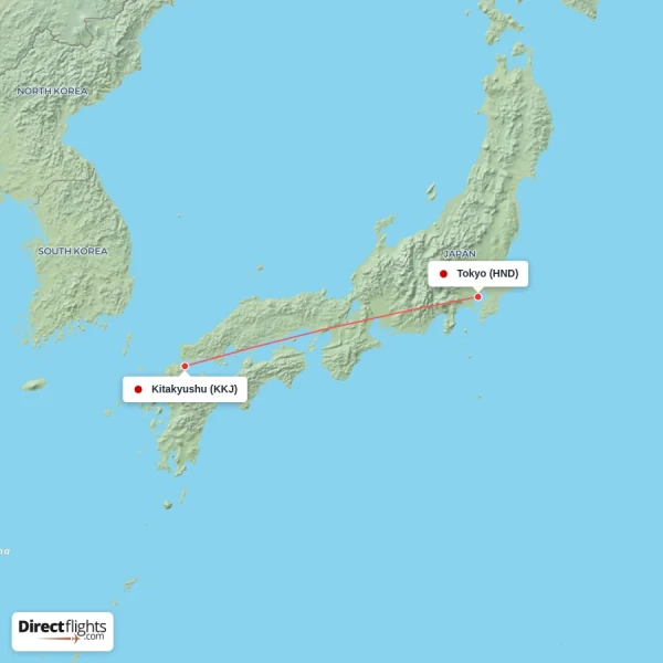 Kitakyushu - Tokyo direct flight map