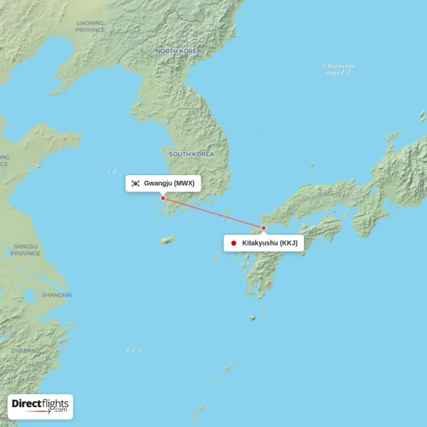 Kitakyushu - Gwangju direct flight map