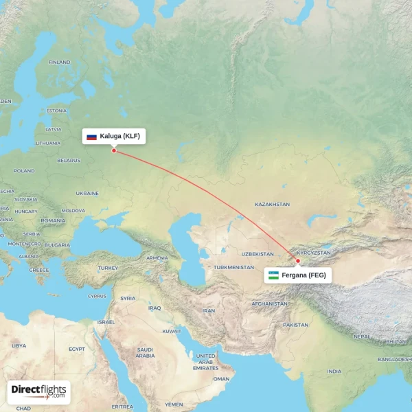 Kaluga - Fergana direct flight map