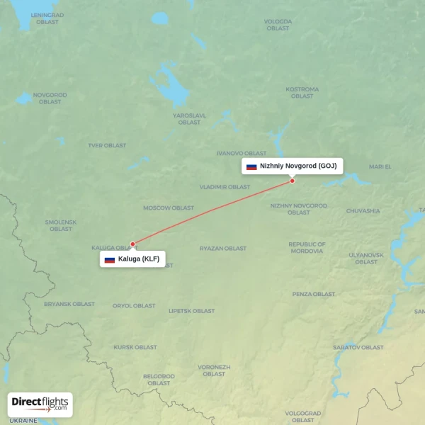 Kaluga - Nizhniy Novgorod direct flight map