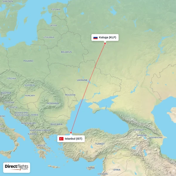Kaluga - Istanbul direct flight map
