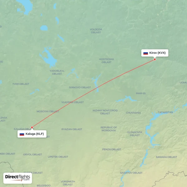 Kaluga - Kirov direct flight map
