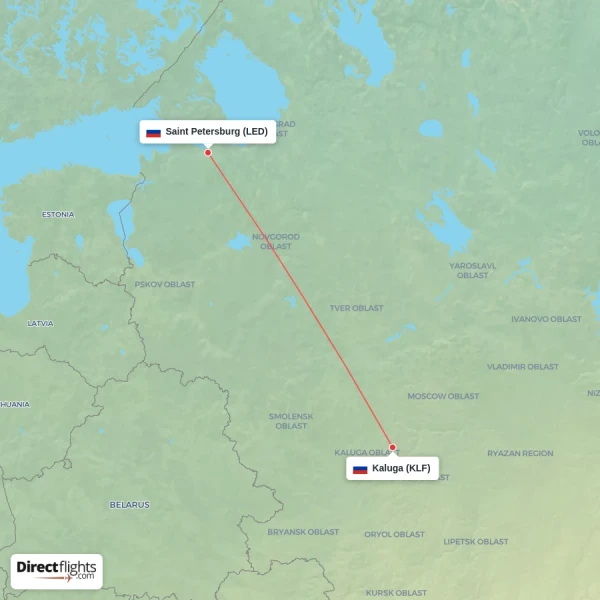 Kaluga - Saint Petersburg direct flight map