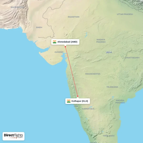Kolhapur - Ahmedabad direct flight map