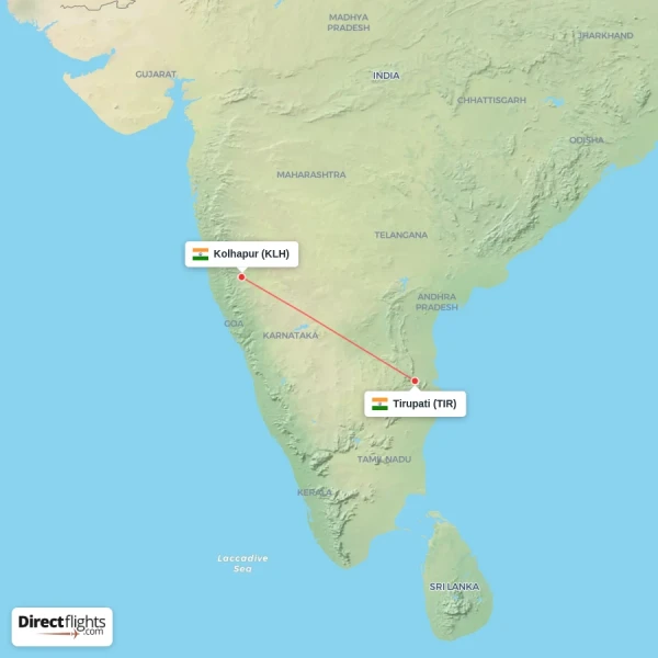Kolhapur - Tirupati direct flight map