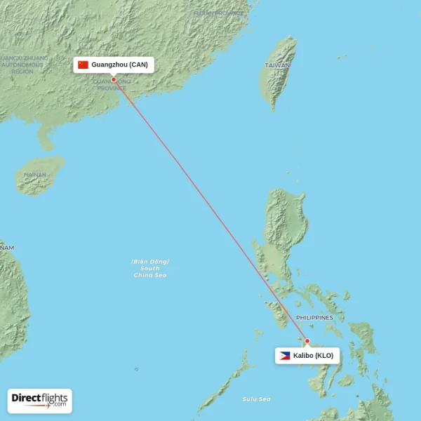 Kalibo - Guangzhou direct flight map