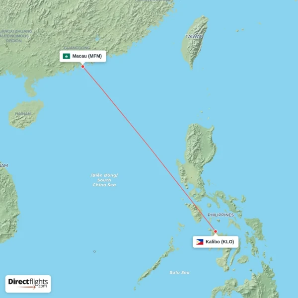 Kalibo - Macau direct flight map