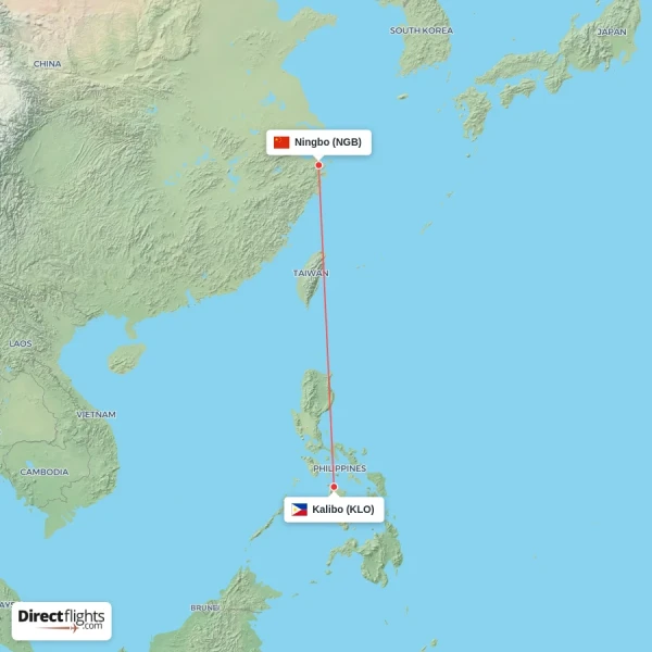Kalibo - Ningbo direct flight map
