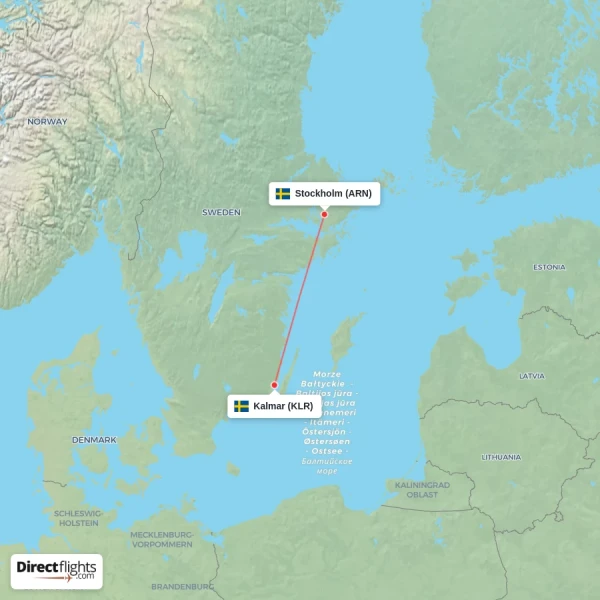 Kalmar - Stockholm direct flight map