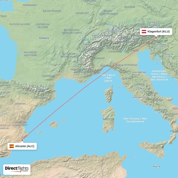 Klagenfurt - Alicante direct flight map