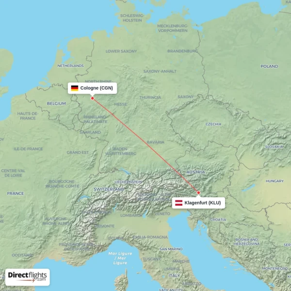 Klagenfurt - Cologne direct flight map