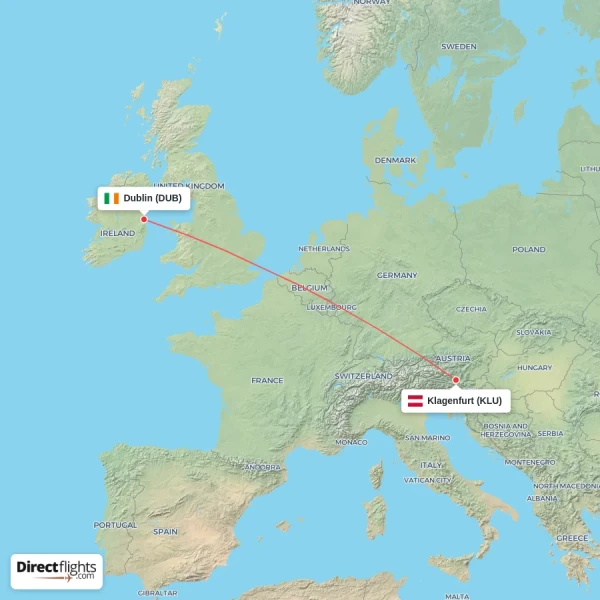 Klagenfurt - Dublin direct flight map