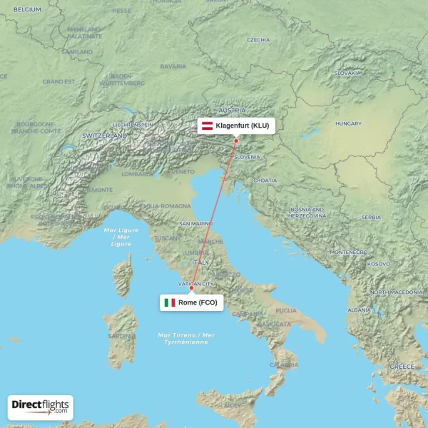 Klagenfurt - Rome direct flight map