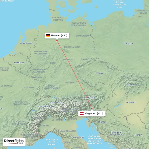 Klagenfurt - Hanover direct flight map