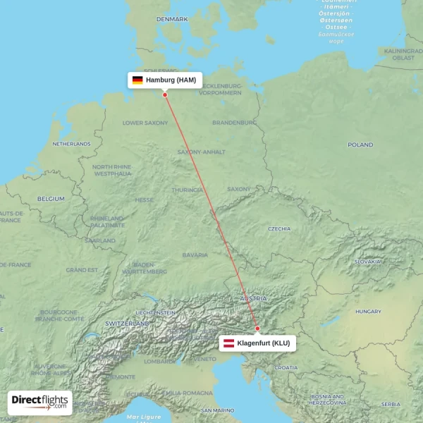Klagenfurt - Hamburg direct flight map