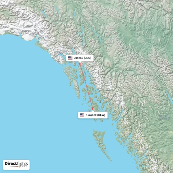 Klawock - Juneau direct flight map