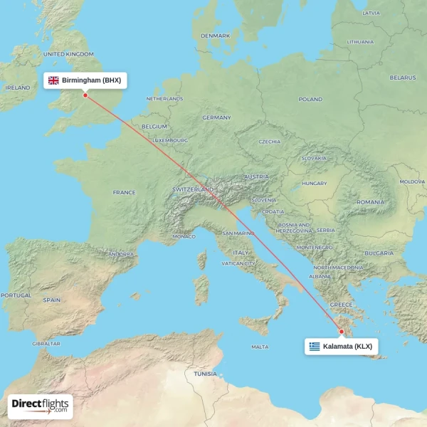 Kalamata - Birmingham direct flight map