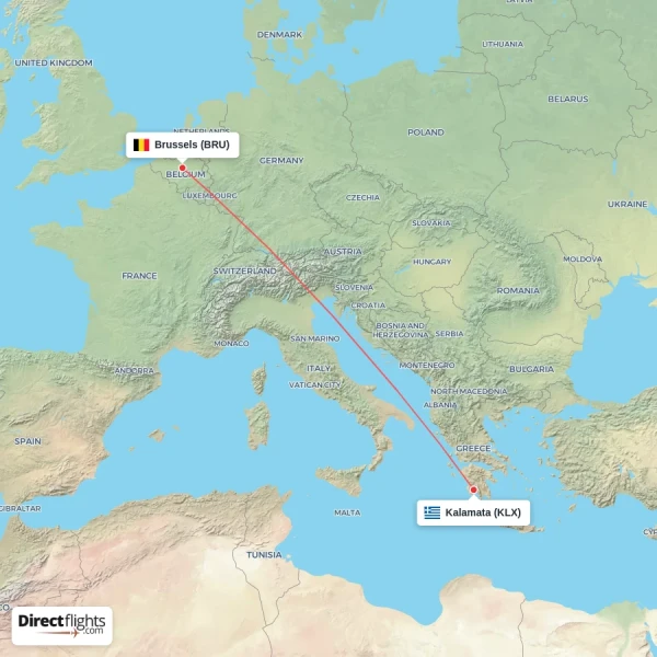 Kalamata - Brussels direct flight map