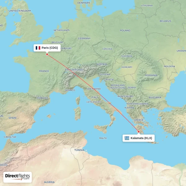 Kalamata - Paris direct flight map