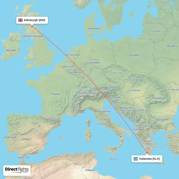 Kalamata - Edinburgh direct flight map